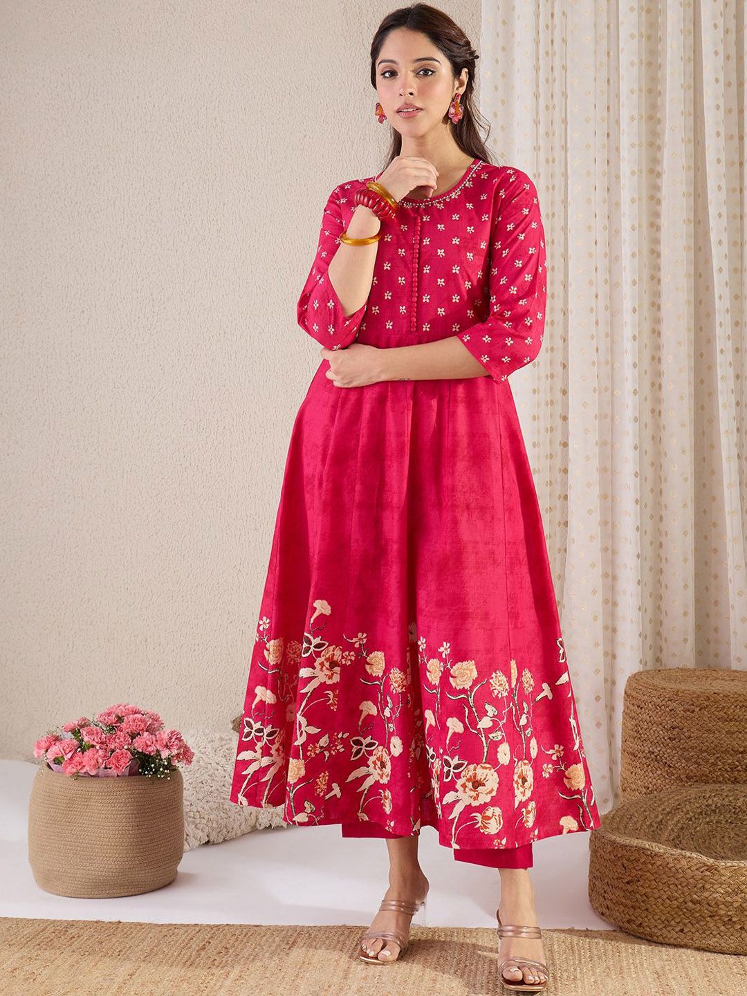 Floral Printed Pure Cotton A-Line Kurta With Trousers & Dupatta