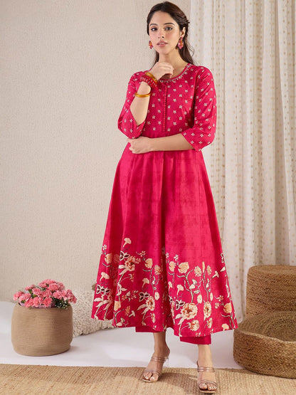 Floral Printed Pure Cotton A-Line Kurta With Trousers & Dupatta