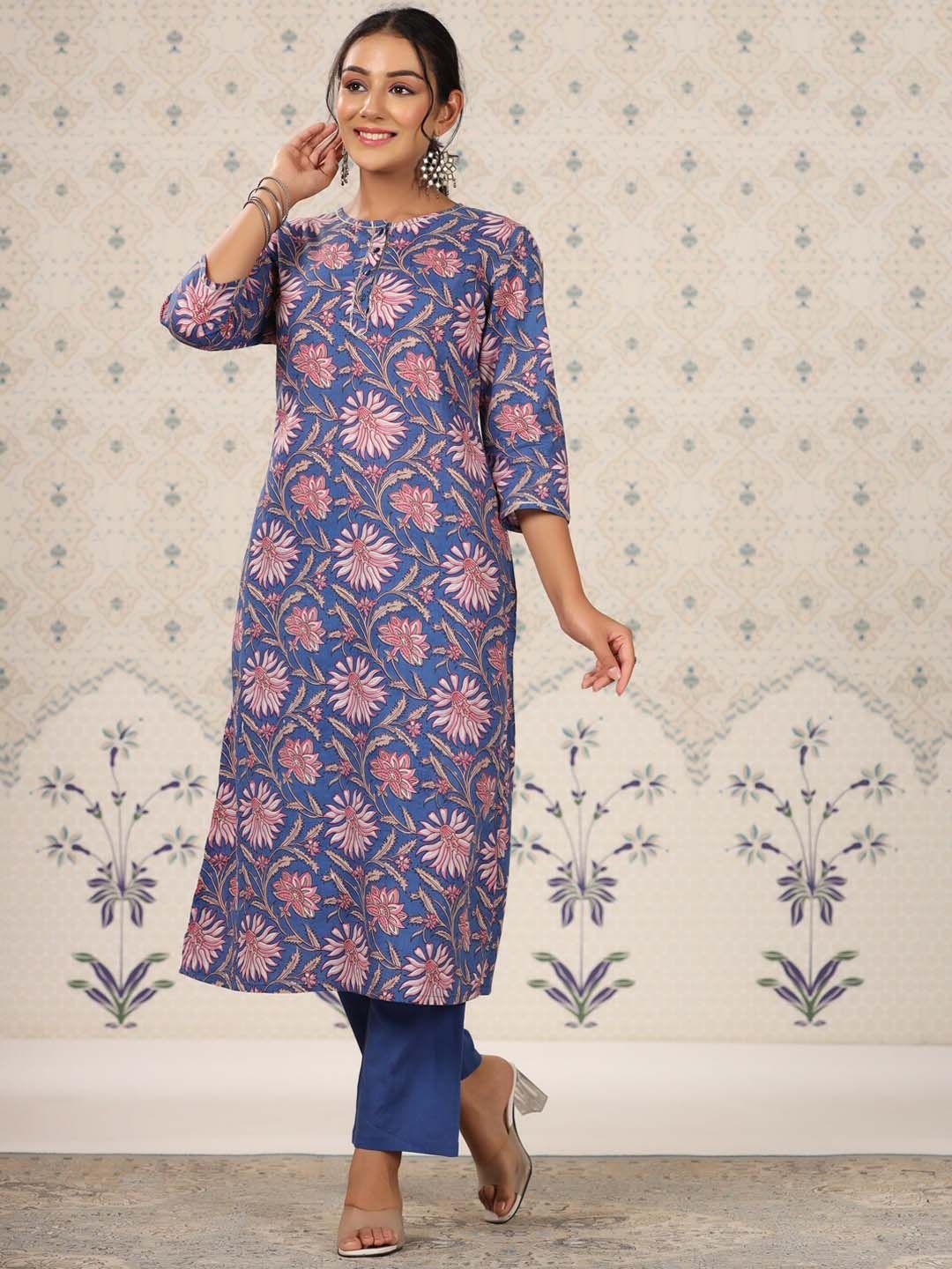 Dhiyona OD  Blue Floral Printed Regular Pure Cotton Kurti with Trouser
