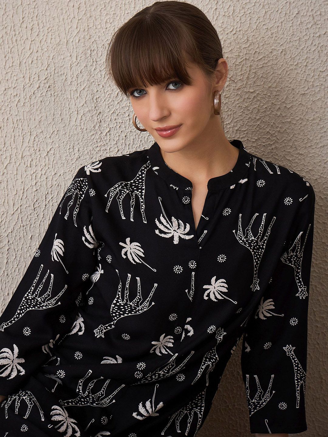 Dhiyona IE Printed Mandarin Collar A-Line Tunic With Trouser