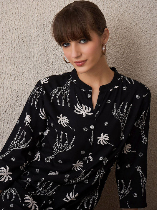 Dhiyona IE Printed Mandarin Collar A-Line Tunic With Trouser