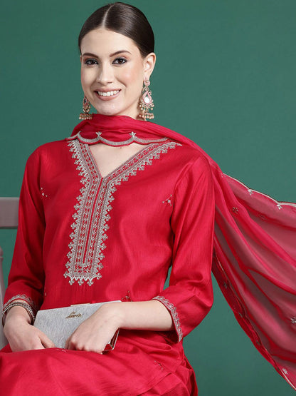 Dhiyona IE Floral Embroidered Liva Straight Kurta With Trousers & Dupatta