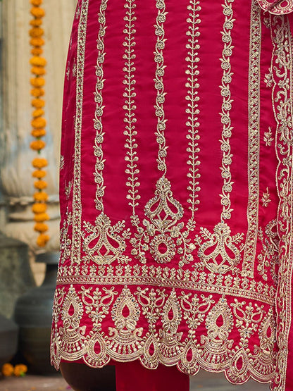 Ethnic Motifs Embroidered V-Neck Zari Organza Kurta With Trousers And Dupatta