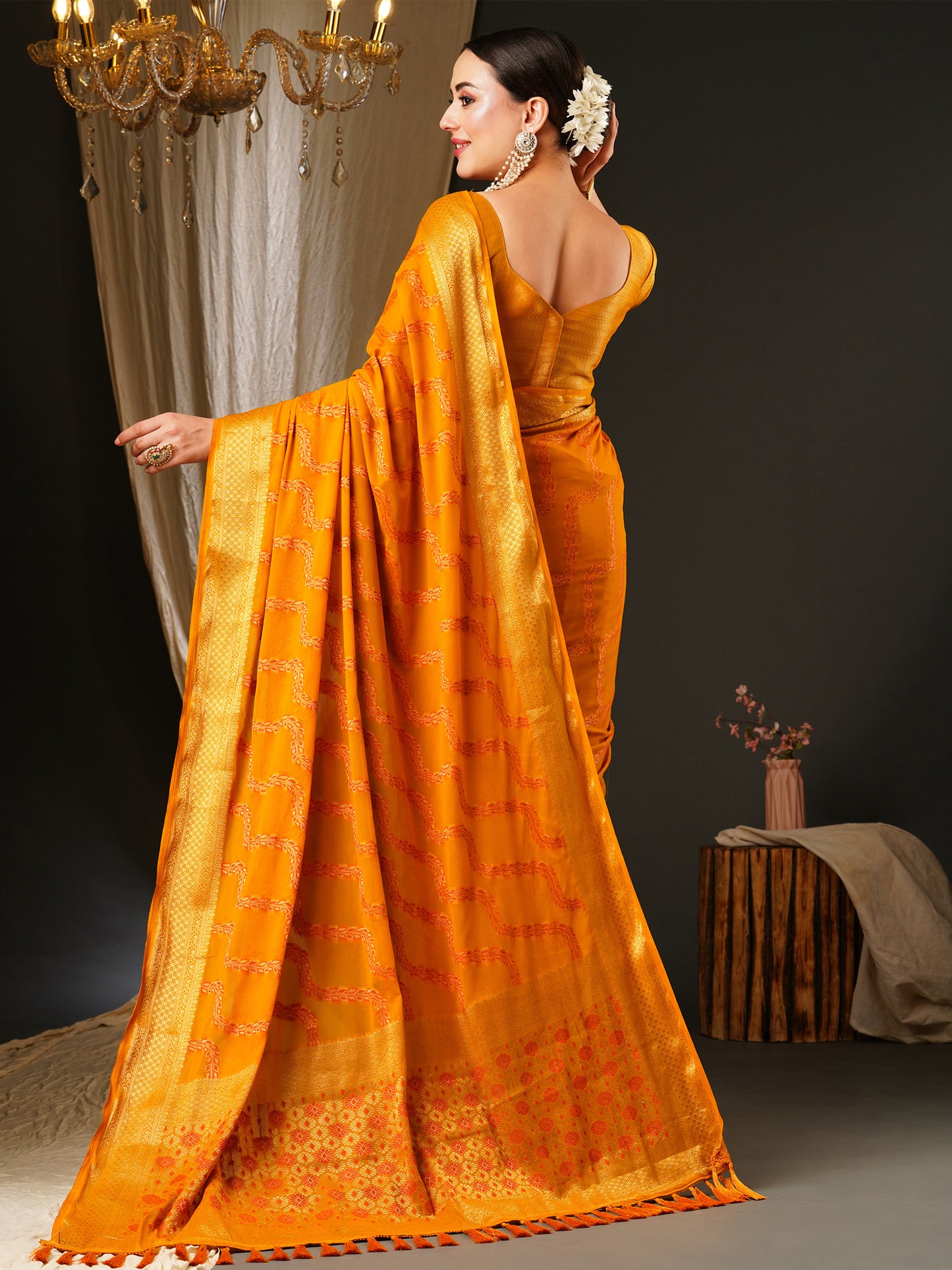 Women's Georgette Yellow Woven Design Celebrity Saree With Blouse Piece