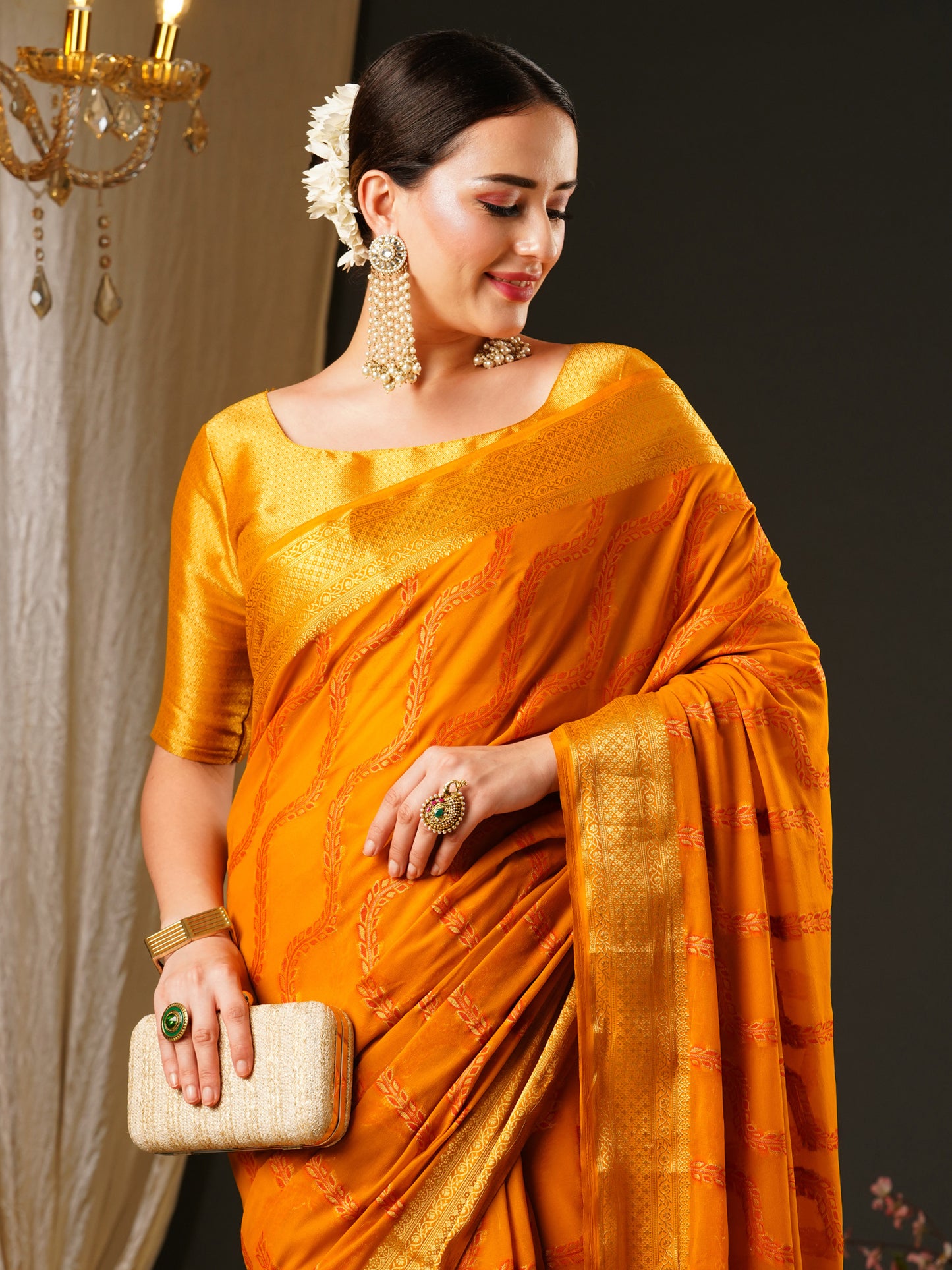 Women's Georgette Yellow Woven Design Celebrity Saree With Blouse Piece