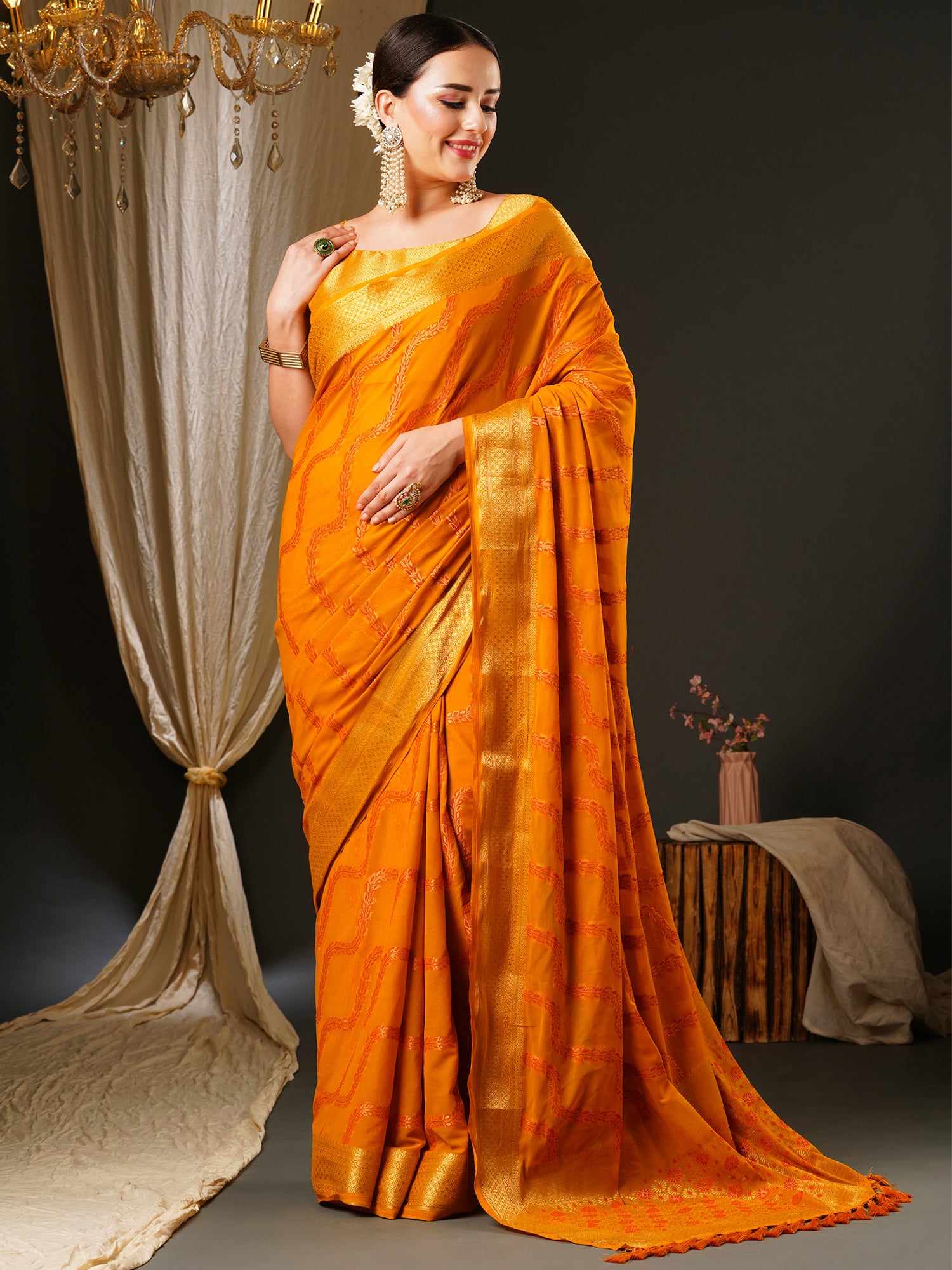 Women's Georgette Yellow Woven Design Celebrity Saree With Blouse Piece