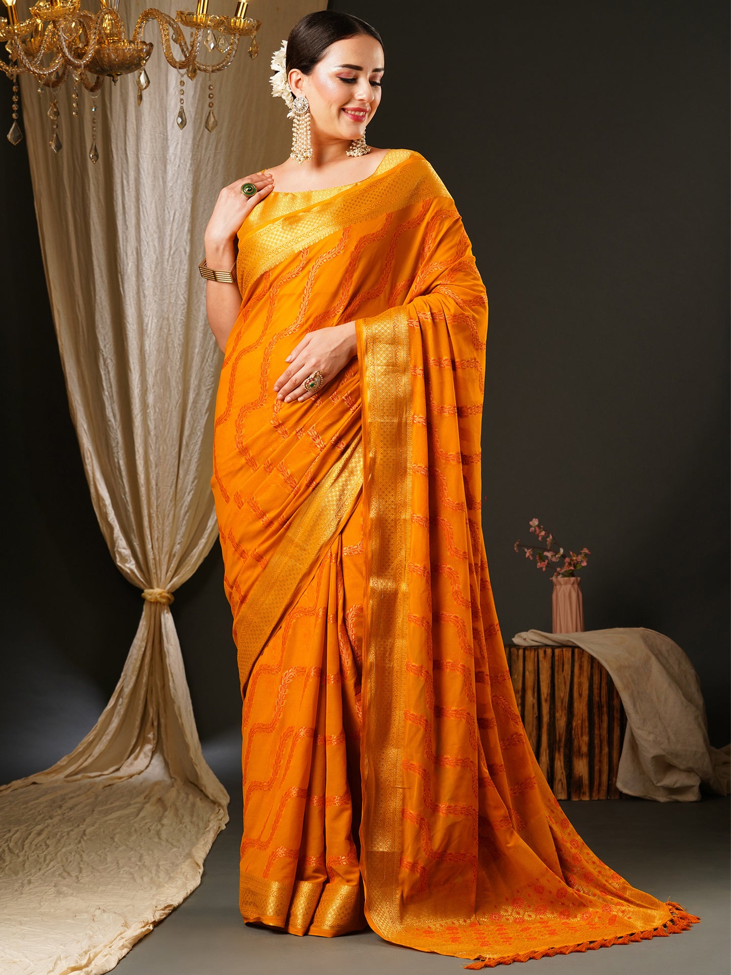 Women's Georgette Yellow Woven Design Celebrity Saree With Blouse Piece