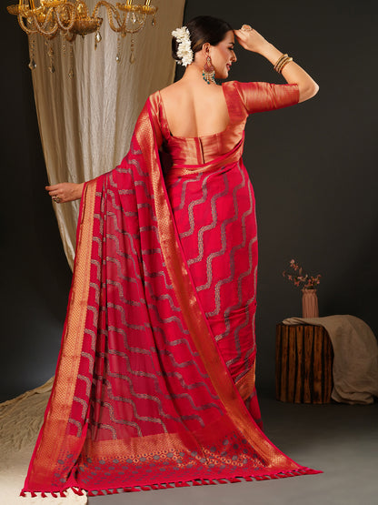 Women's Georgette Pink Woven Design Celebrity Saree With Blouse Piece