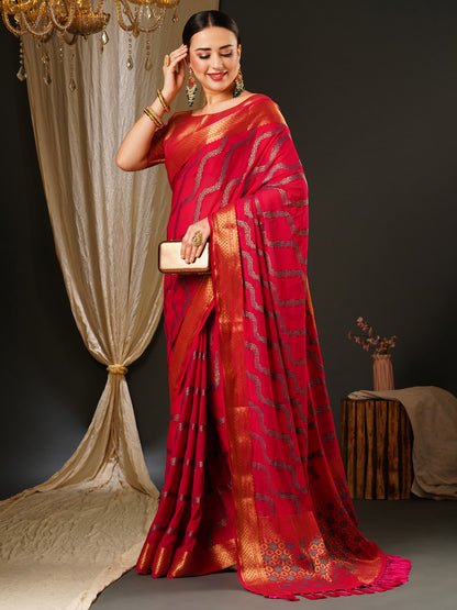 Women's Georgette Pink Woven Design Celebrity Saree With Blouse Piece