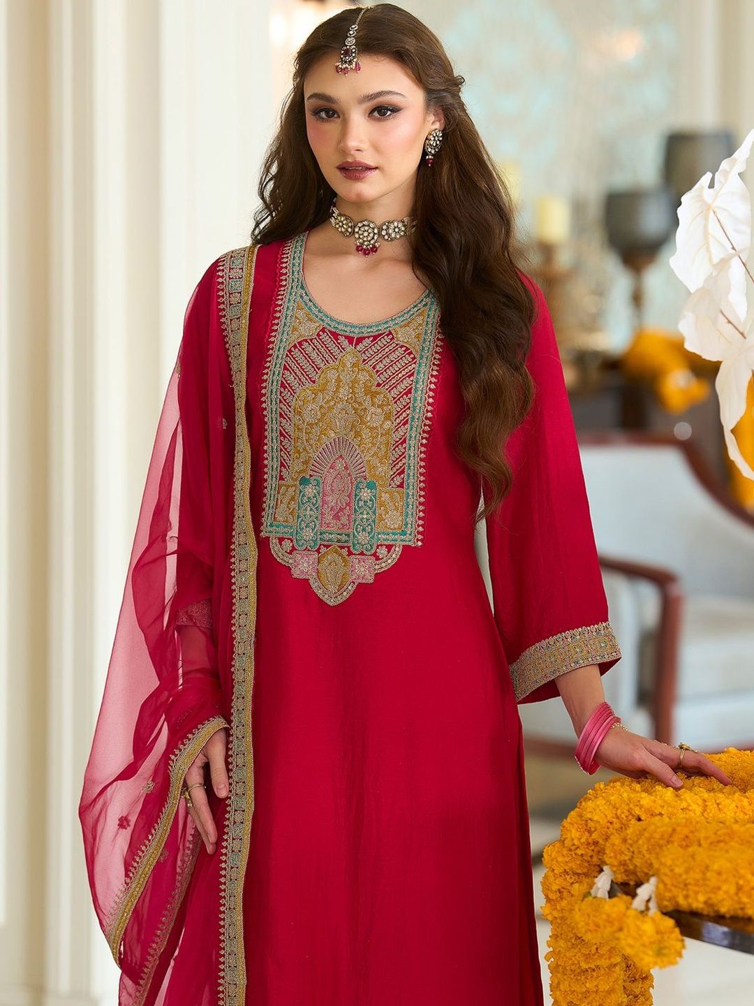 Women Ethnic Motifs Embroidered A-Line Kurta with Trousers & Dupatta