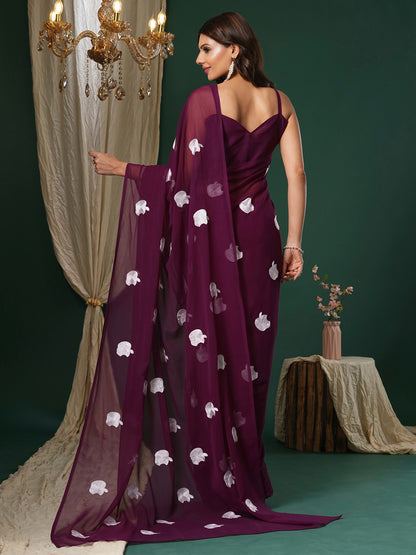 Women's Georgette Magenta Embroidered Designer Saree With Blouse Piece