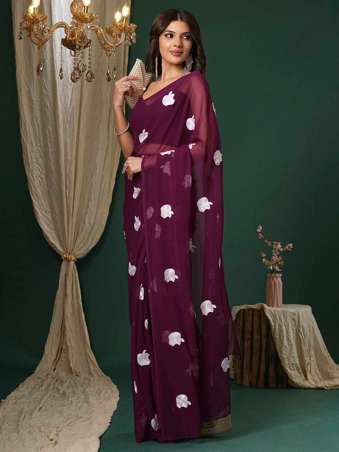 Women's Georgette Magenta Embroidered Designer Saree With Blouse Piece