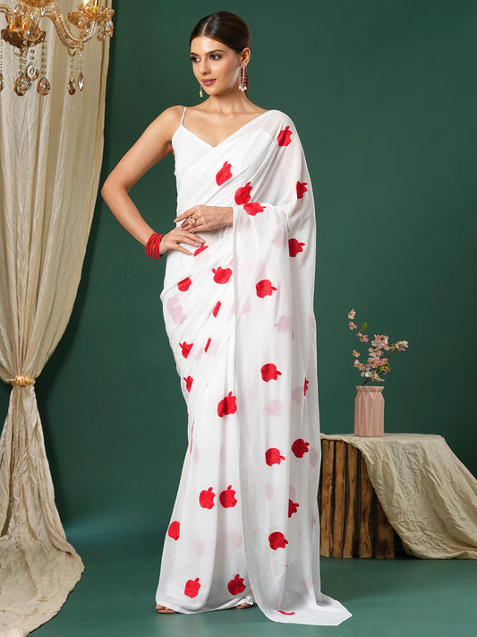 Women's Georgette White Embroidered Designer Saree With Blouse Piece