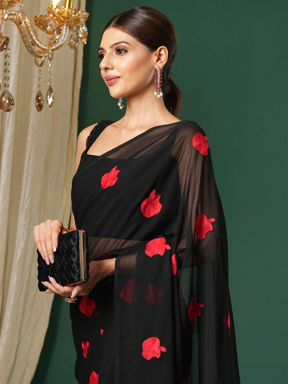 Women's Georgette Black Embroidered Designer Saree With Blouse Piece