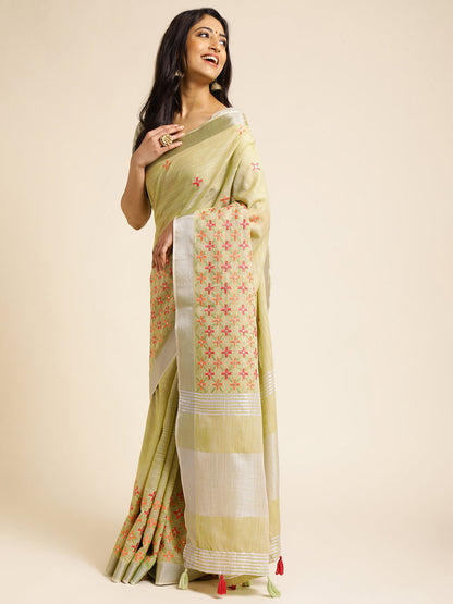 Dhiyona GR Women's CT Pista Green Cotton Linen Silk Embroidered Saree