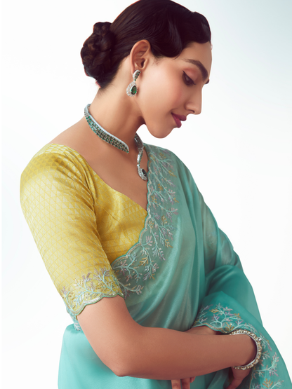 Dhiyona KM Women Sky Blue Organza Silk Saree