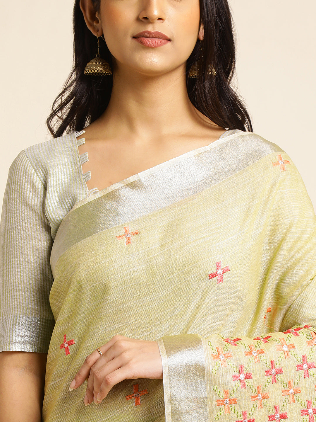 Dhiyona GR Women's CT Pista Green Cotton Linen Silk Embroidered Saree