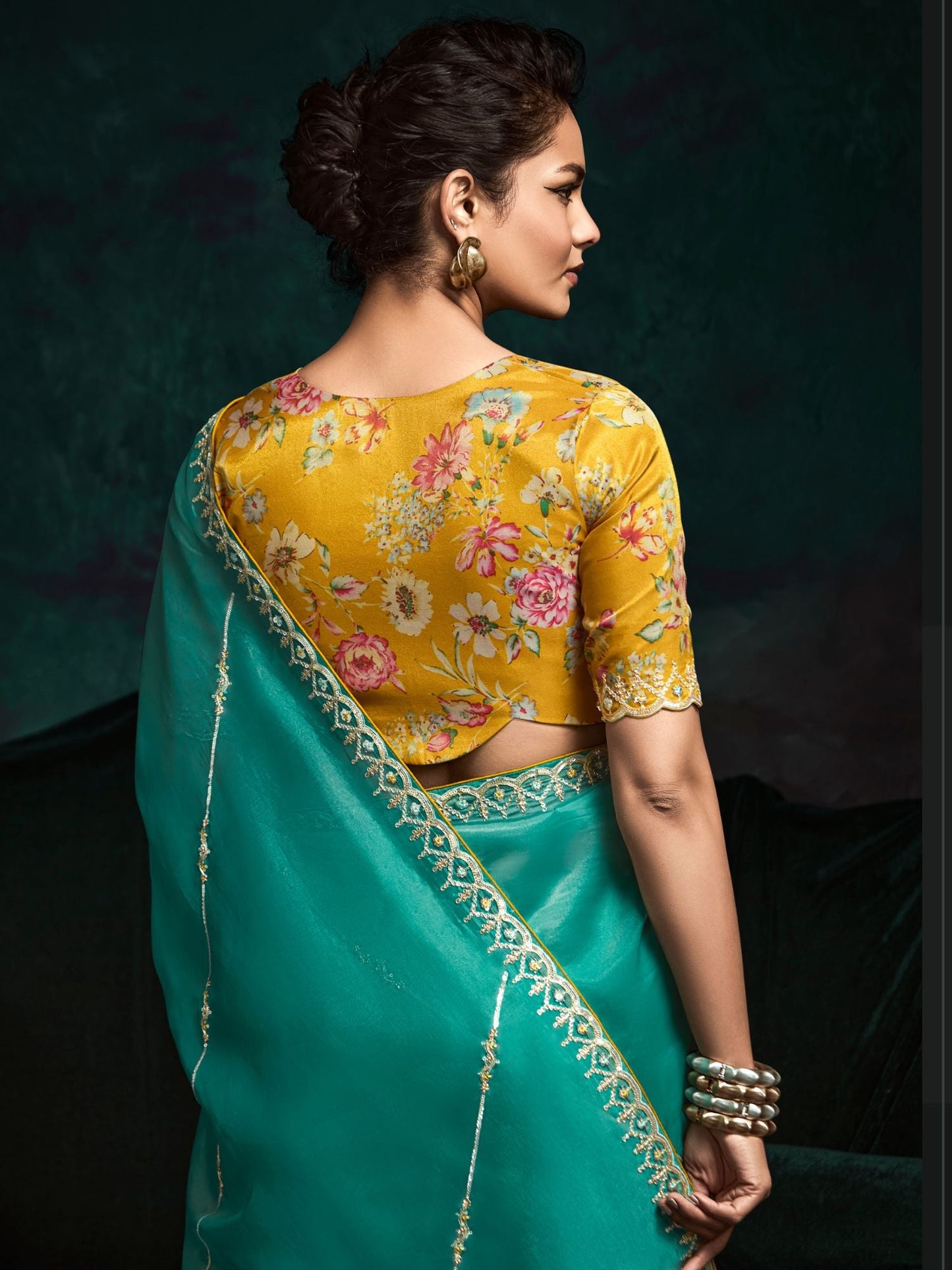 Dhiyona KM Women Teal Designer Organza Saree With Handcrafted Embroidered Border “ Bold, Elegant, Unforgettableteal Green Designer Organza Silk Saree