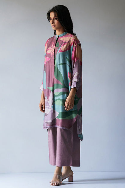 Women's Dusty Lilac and Rose Pink Mix Colored Bemberg Silk Printed Co-ord Set