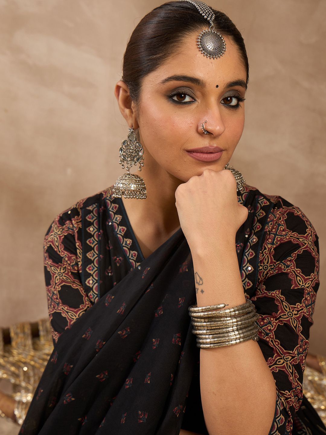 Women Ethnic Motifs Printed Pleated Beads and Stones Pure Cotton Kurta with Trousers & With Dupatta