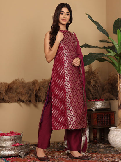 Dhiyona VA Women's Brocade Princess cut A Line Halter Neck Kurta with Trouser & Dupatta