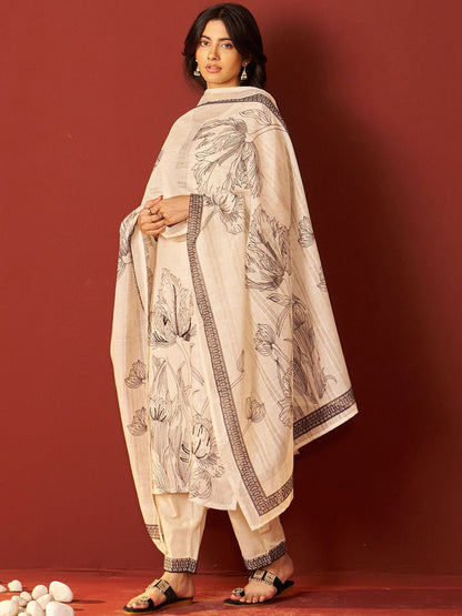 Dhiyona IE Floral Printed Linen Kurta With Trousers & Dupatta