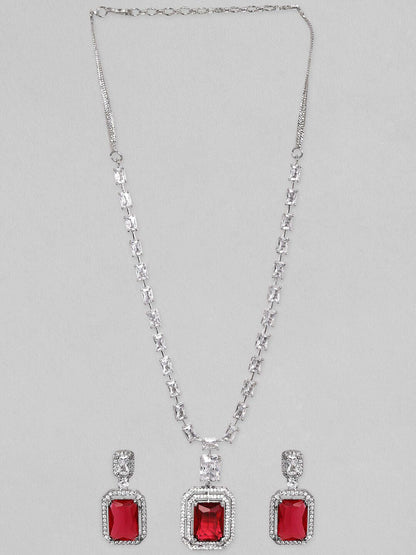 Dhiyona RJ Women's Rhodium-Plated Ruby Red & White Cubic Zirconia Studded Necklace Set