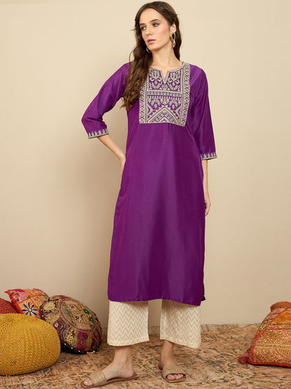 Dhiyona IE Ethnic Motifs Embroidered Notched Neck Thread Work Liva Straight Kurta