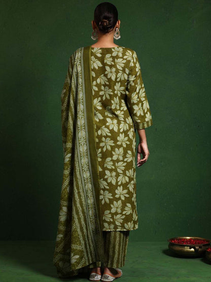 Dhiyona VA Women'sFloral Printed V-Neck Straight Kurta With Trousers And Dupatta