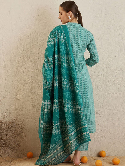 Dhiyona IE Chevron Printed Mandarin Collar Pure Cotton Kurta with Trousers & With Dupatta