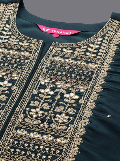 Dhiyona VA Women'sGreen Ethnic Motifs Embroidered Straight Kurta With Trousers & Dupatta