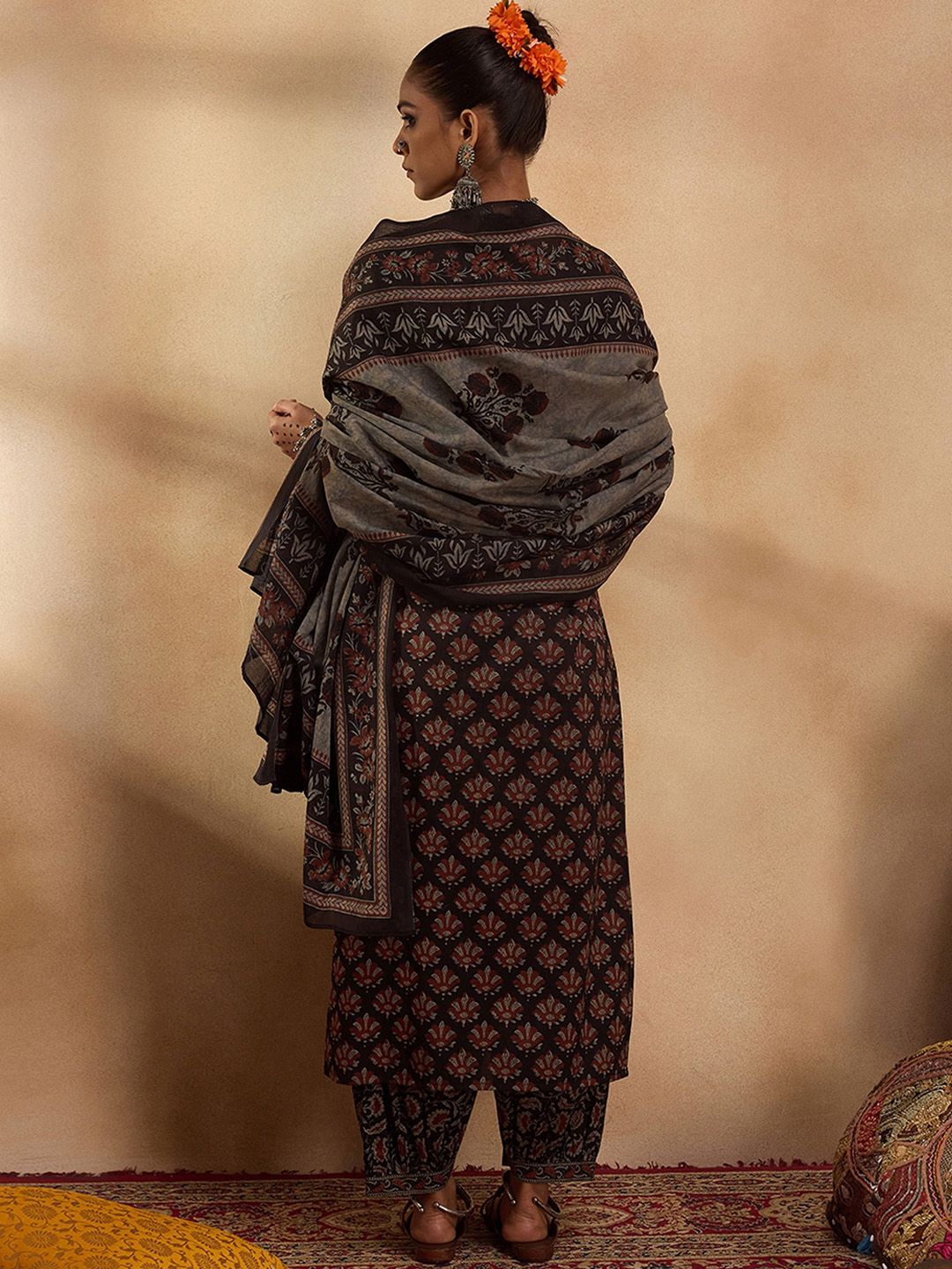 Dhiyona IE Ethnic Motifs Printed Pure Cotton Straight Kurta with Salwar & Dupatta