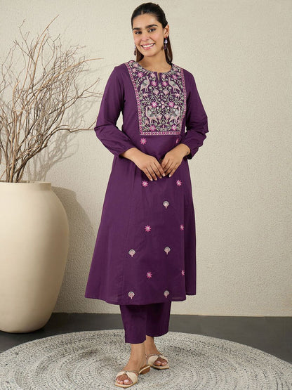 Dhiyona IE Purple Embroidered Top With Trouser Co-Ords