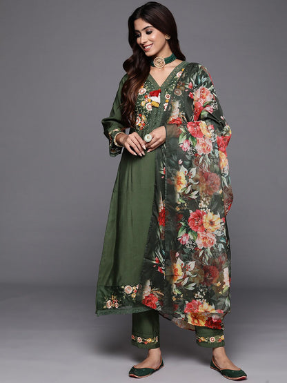 Dhiyona IE Women Floral Embroidered Regular Thread Work Kurta With Trousers & Dupatta