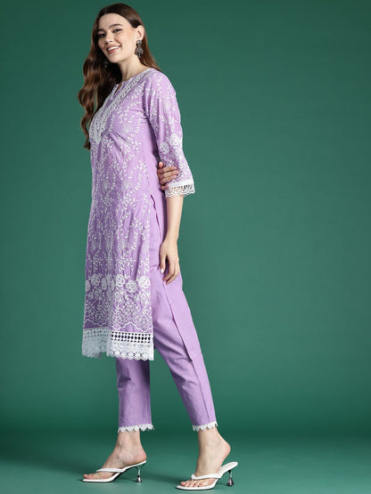 Dhiyona IE Floral Embroidered Thread Work Pure Cotton Kurta with Trousers & With Dupatta