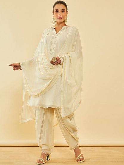 Dhiyona SO Women's Floral Printed Regular Beads and Stones Kurta with Dhoti Pant & With Dupatta