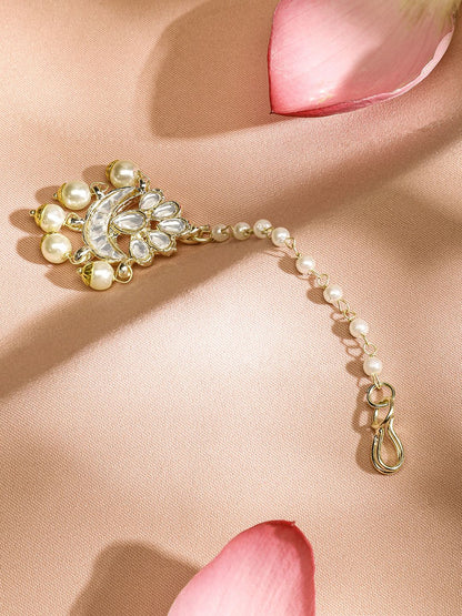 Dhiyona RJ Women's Off-White 24K Gold-Plated Kundan Studded & Beaded Handcrafted Maang Tikka