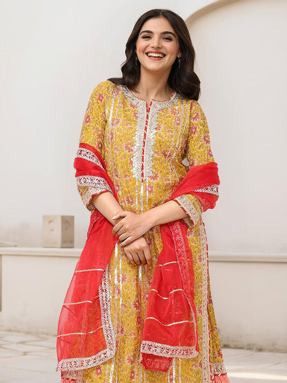 Dhiyona IS Women's Floral Printed Pure Cotton Anarkali Kurta With Sharara & Dupatta