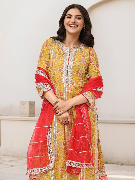 Dhiyona IS Women's Floral Printed Pure Cotton Anarkali Kurta With Sharara & Dupatta