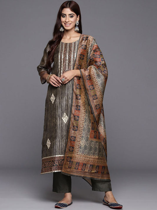 Dhiyona VA Women'sEthnic Motifs Printed Chanderi Silk Gotta Patti Work Kurta & Trousers With Dupatta
