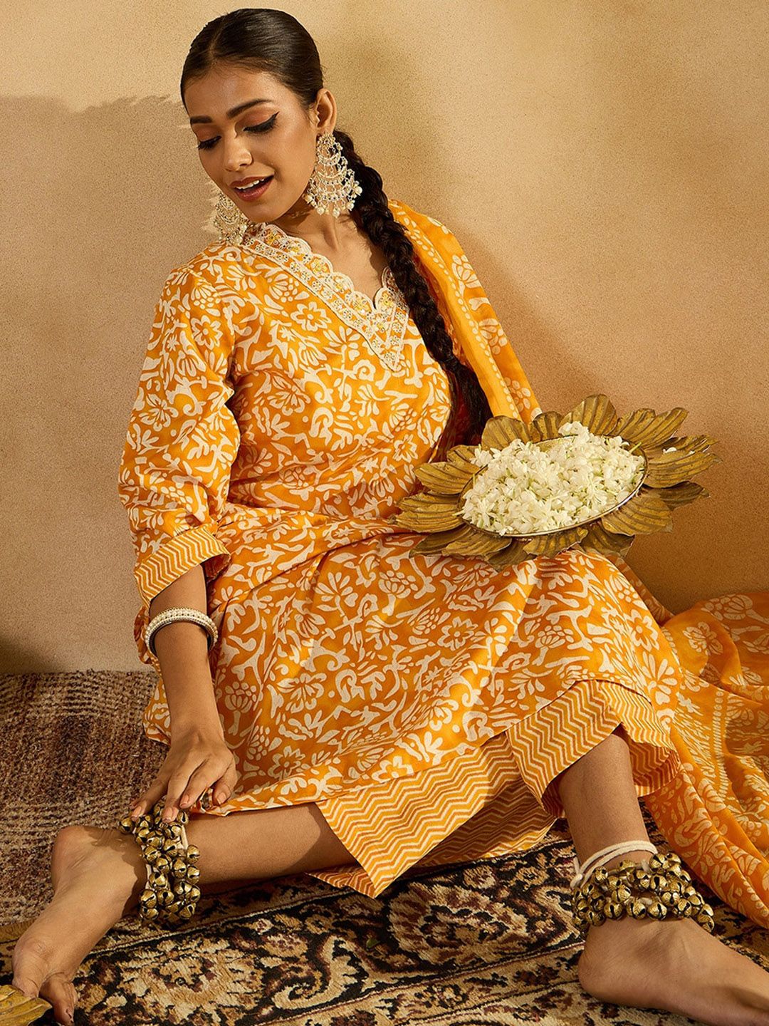 Dhiyona IE Mustard Floral Printed V-Neck Thread Work Straight Kurta With Trousers & Dupatta