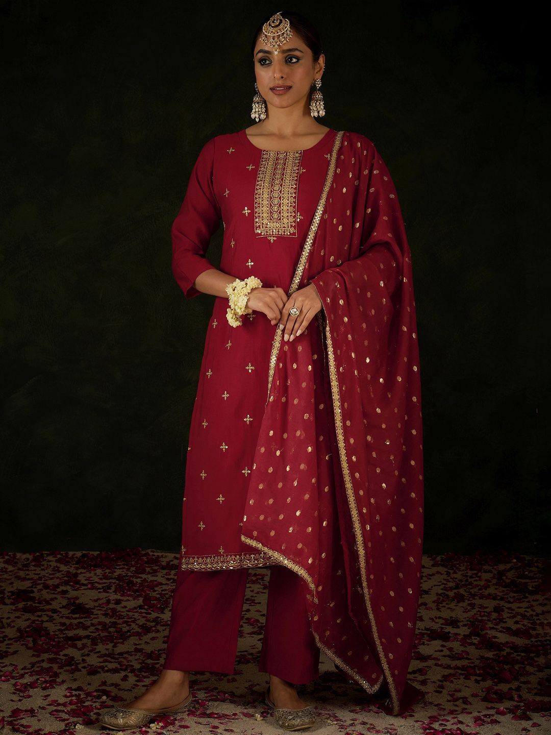 Women Ethnic Motifs Embroidered Regular Sequinned Kurta with Trousers & With Dupatta