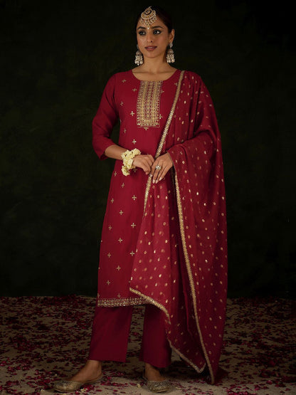 Women Ethnic Motifs Embroidered Regular Sequinned Kurta with Trousers & With Dupatta