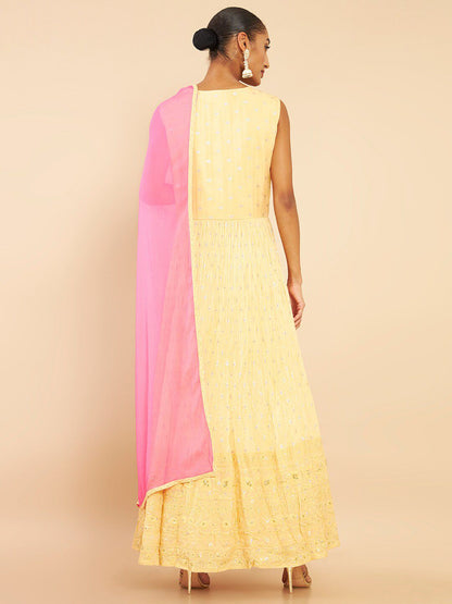 Dhiyona SO Women's Floral Embroidered Angrakha Sequinned Kurta with Churidar & Dupatta