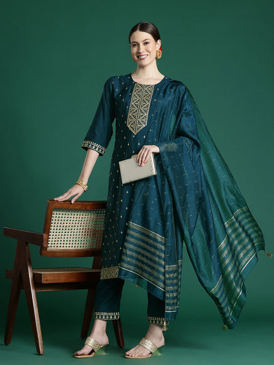 Women Embroidered Regular Sequinned Chanderi Silk Kurta with Trousers & With Dupatta