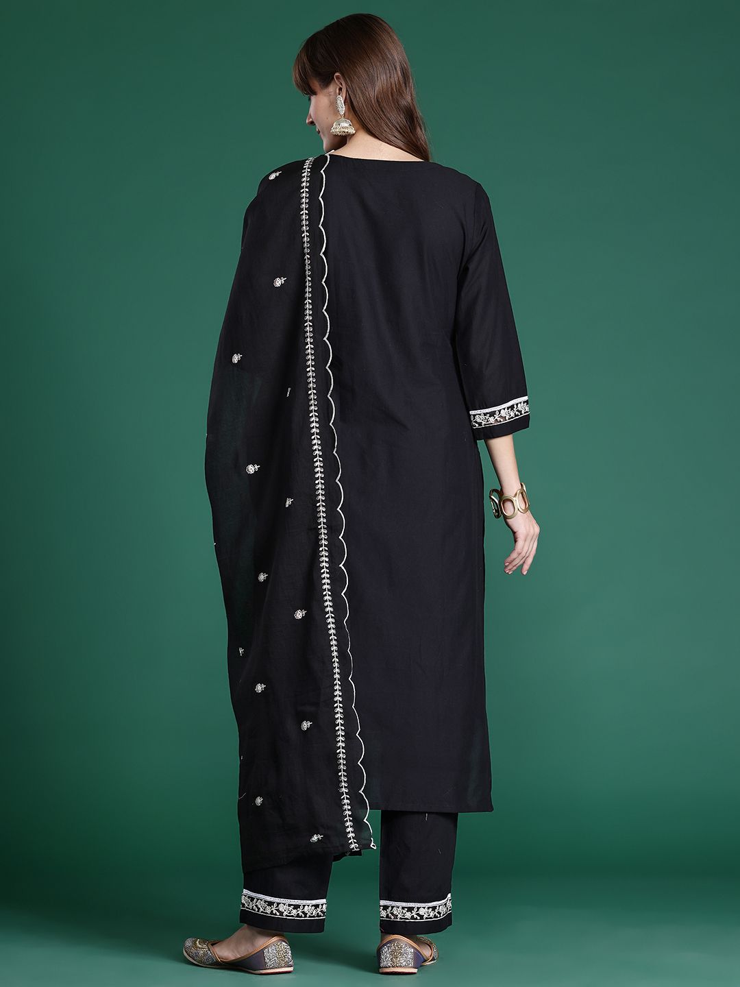 Floral Embroidered Pure Cotton Kurta with Trousers & Dupatta