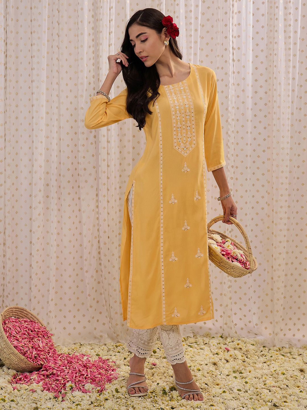 Dhiyona IE Floral Embroidered Round Neck Three-Quarter Sleeves Straight Kurta