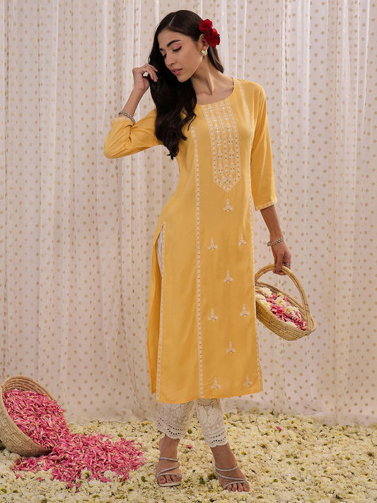 Dhiyona IE Floral Embroidered Round Neck Three-Quarter Sleeves Straight Kurta