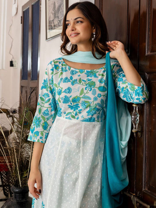 Dhiyona IE Women Floral Printed Regular Pure Cotton Kurta with Trousers & With Dupatta