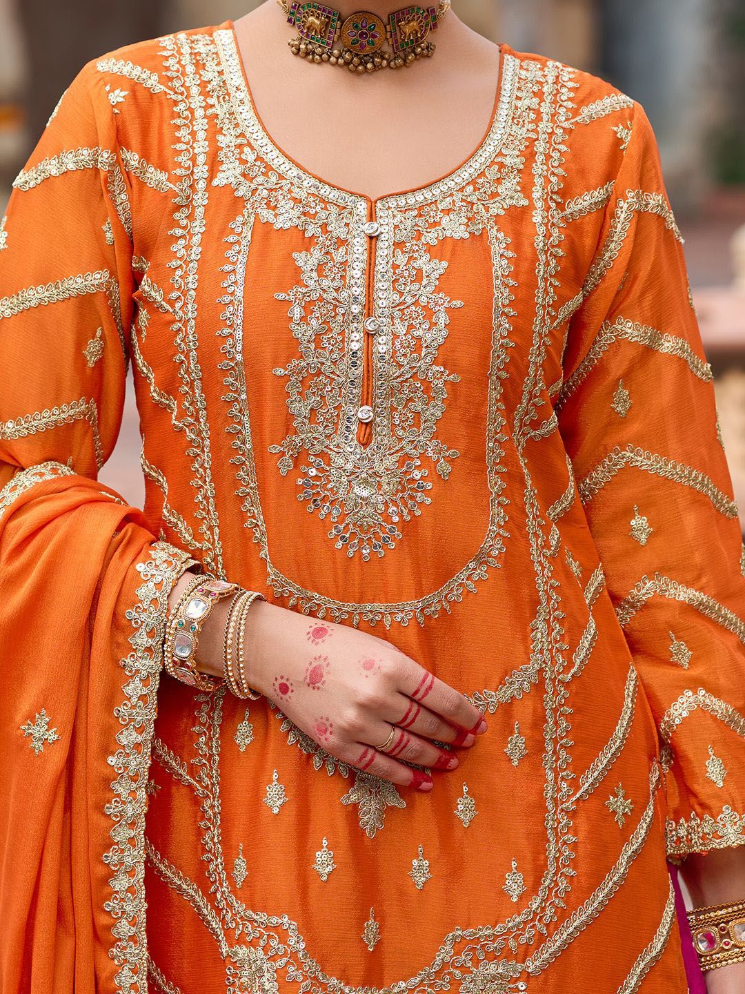 Floral Embroidered Sequinned Chinon Straight Kurta With Palazzos & Dupatta